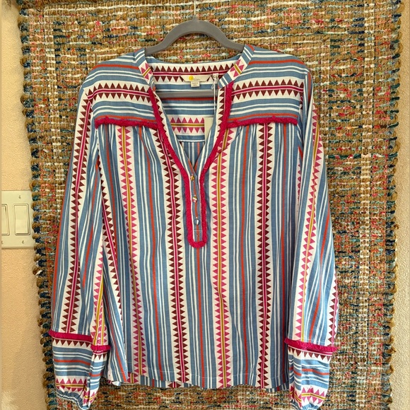 #142 Boden Blue and Pink Ruffled Blouse with Mandarin Collar - Picture 5 of 9